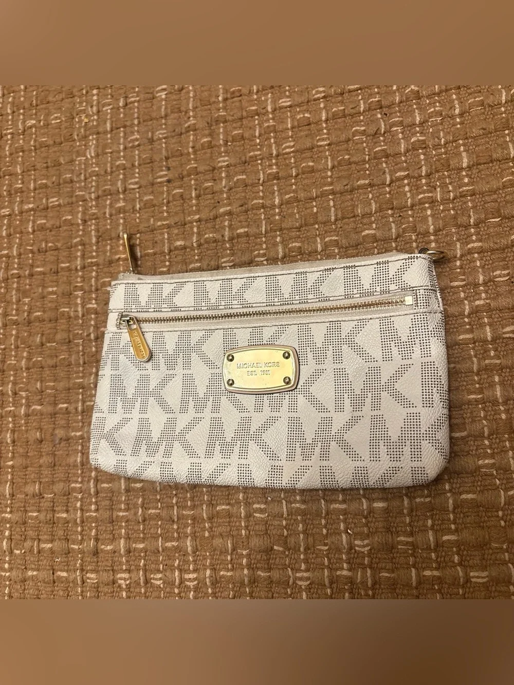 Michael Kors Cream Logo Wristlet Clutch with Gold Hardware